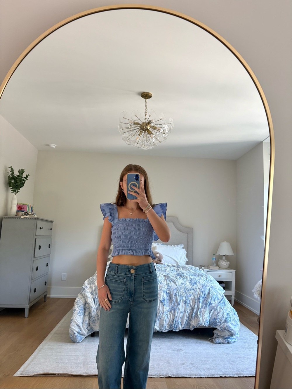 Altar'd State Lacender Smocked Ruffle-Sleeve Crop Top